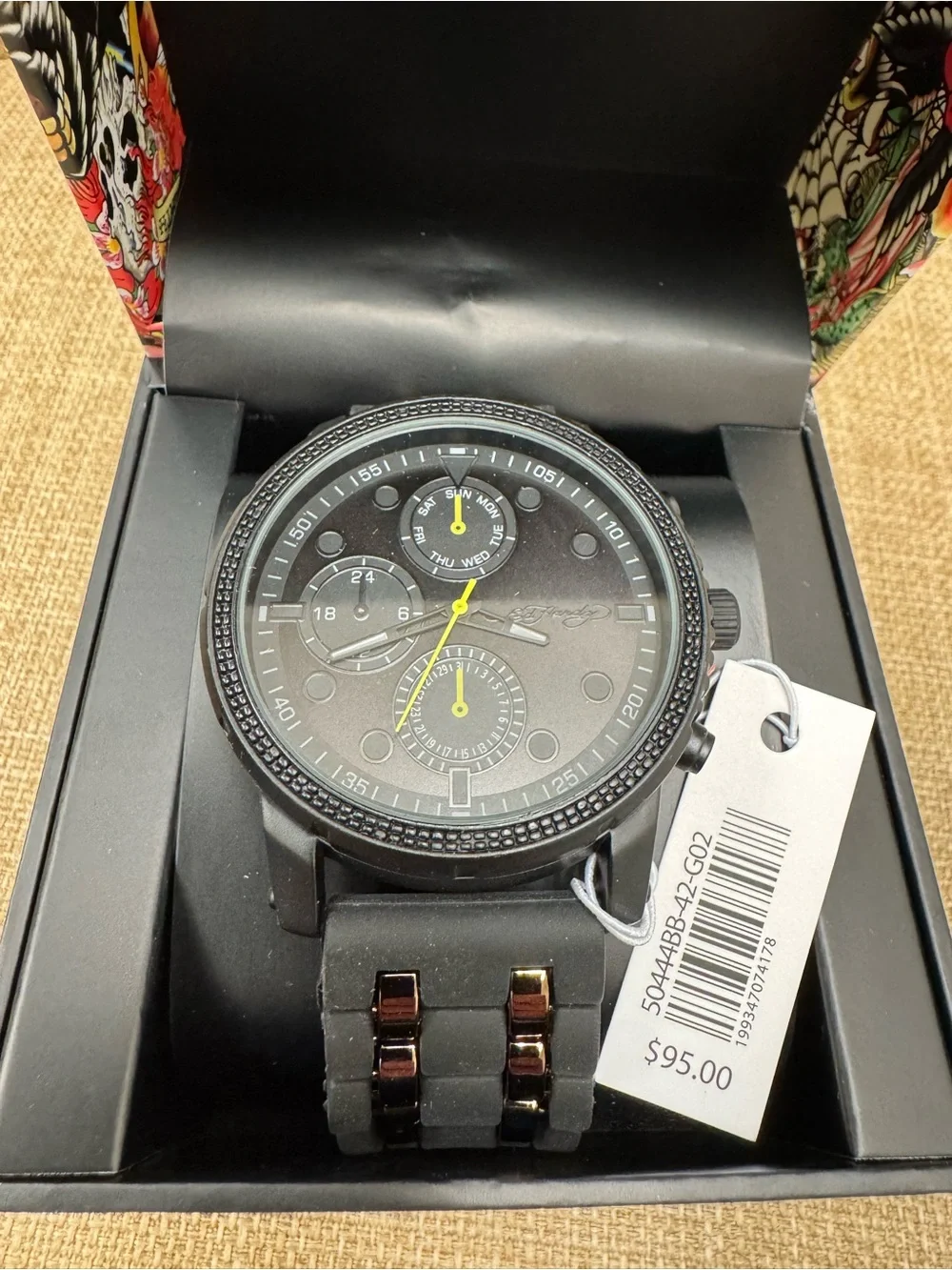 Ed Hardy Men’s Quartz Multifunction 24-Hour Black Dial Rubber Strap…Retails $95
